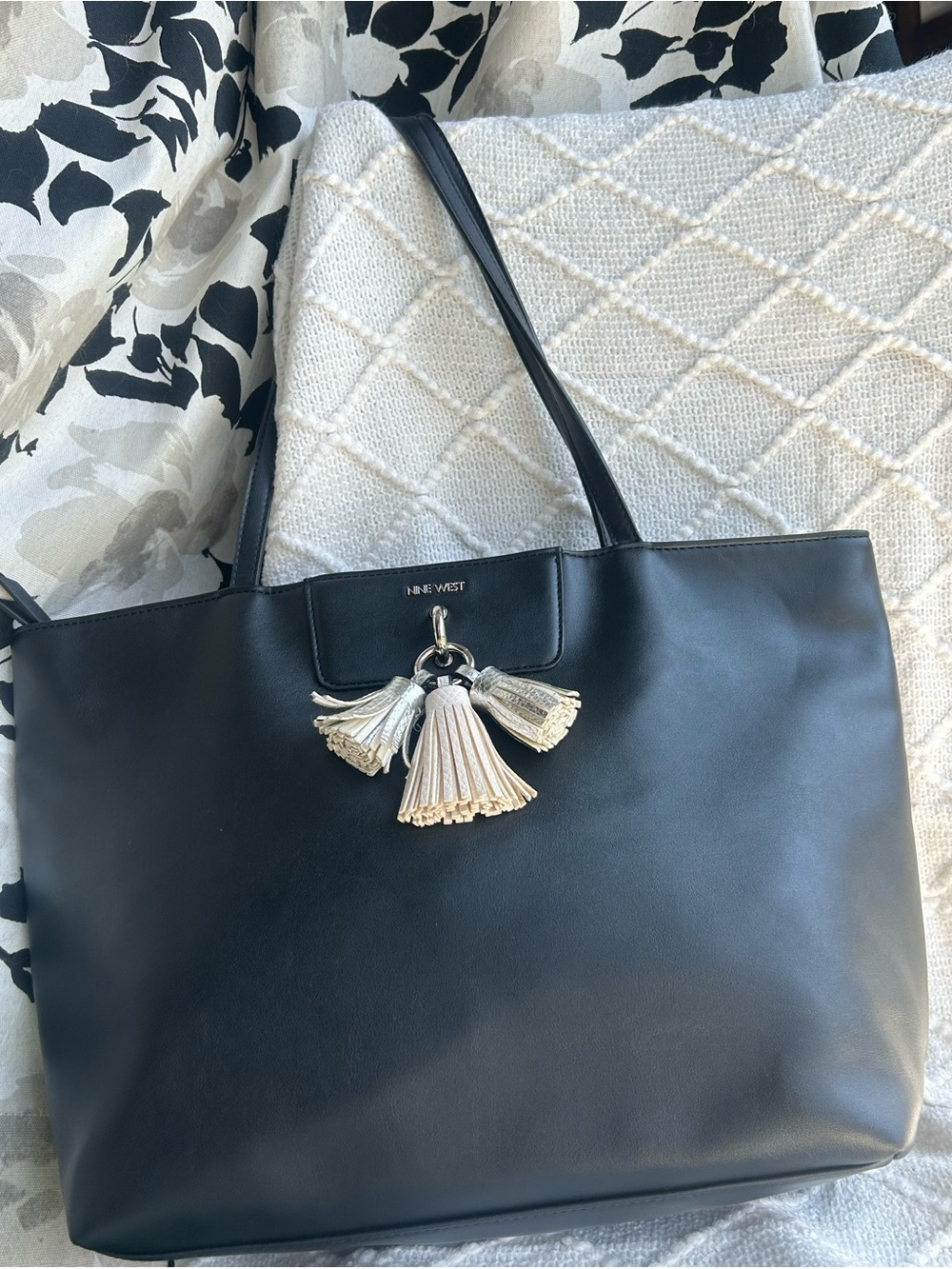 Nine West Black Tote with Cream & Silver Tassel Charm